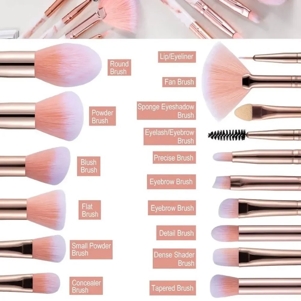 New 15-Piece Marble Handle Makeup Brush Set in Pink and Rose Gold